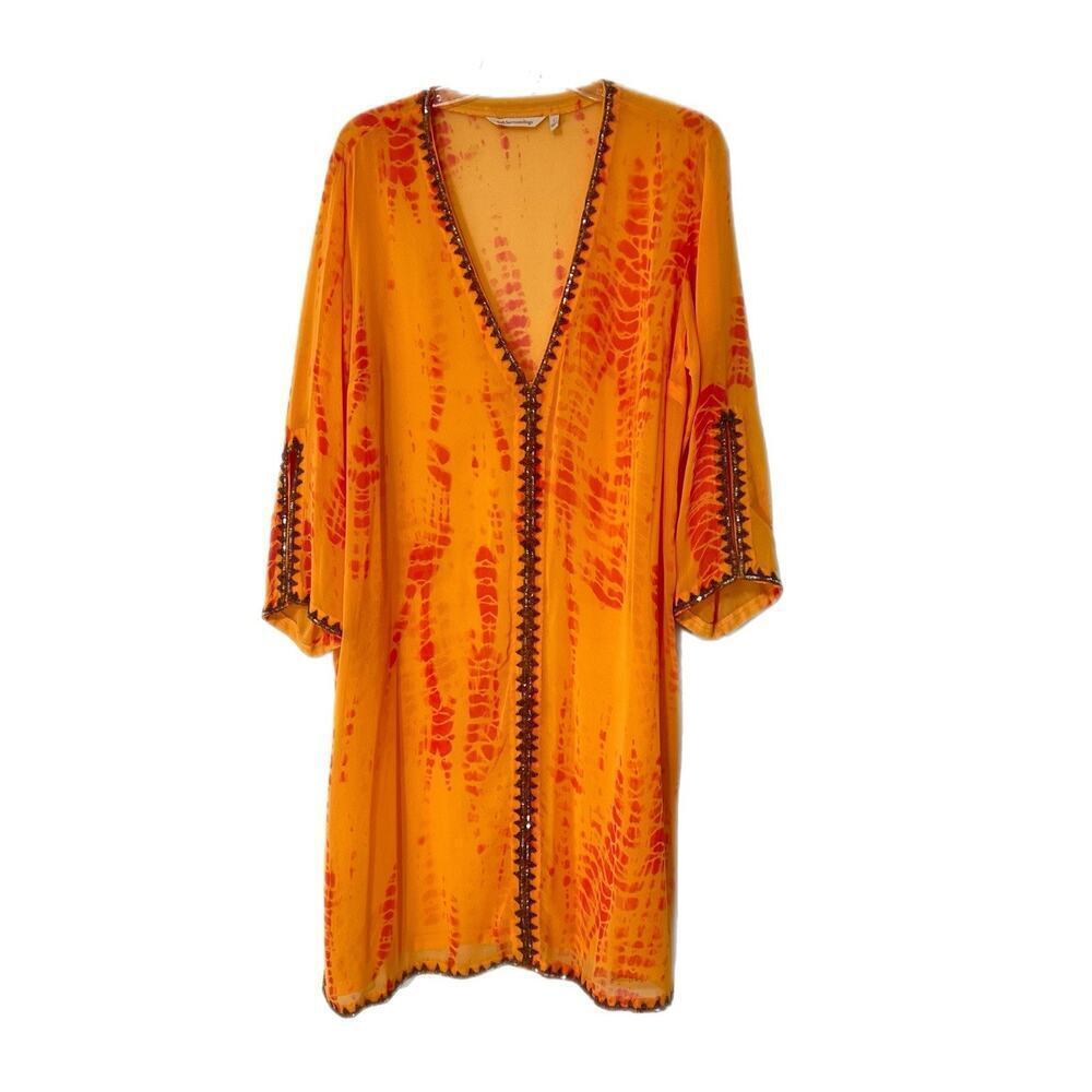 Soft Surroundings Kaftan Dress Large Sequined Beaded Orange Tie Dye Cover-Up